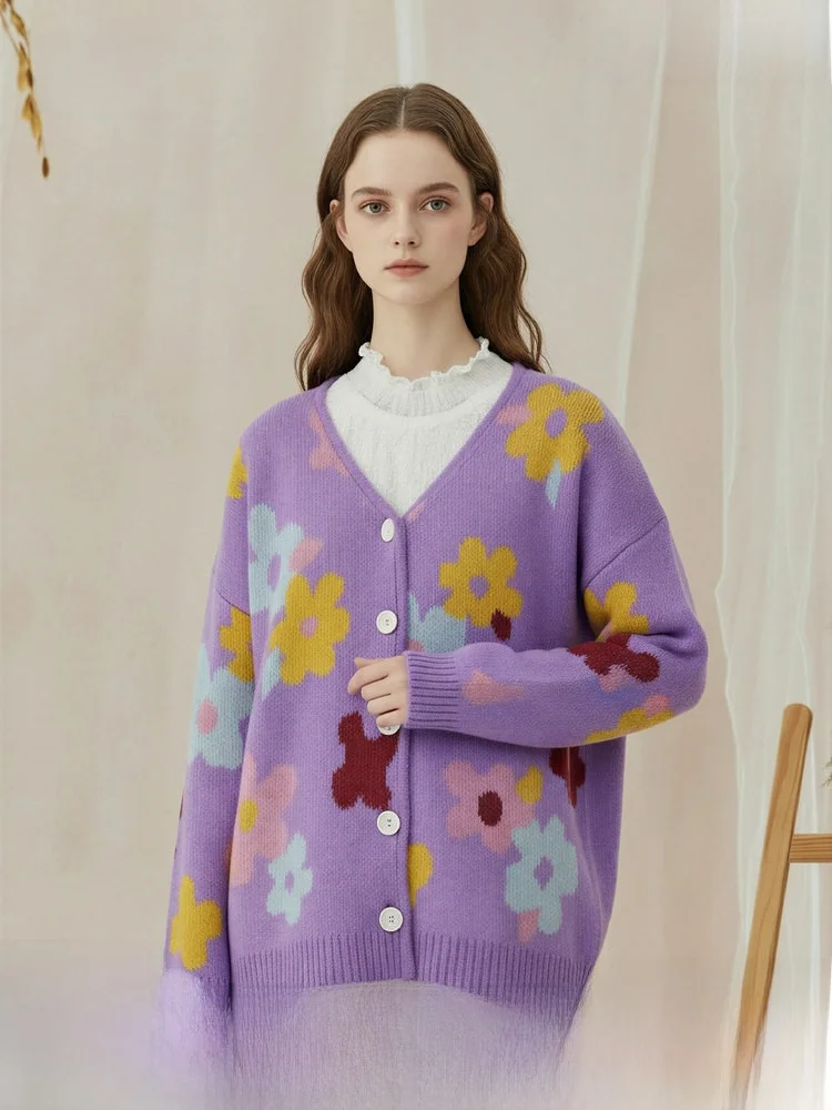 

Cloud Silk n Sweet Flower Pattern V-Ne Open Cardigan Women's Loose Winter Sweater Soft Long Sve Daily Wear Casual Sle