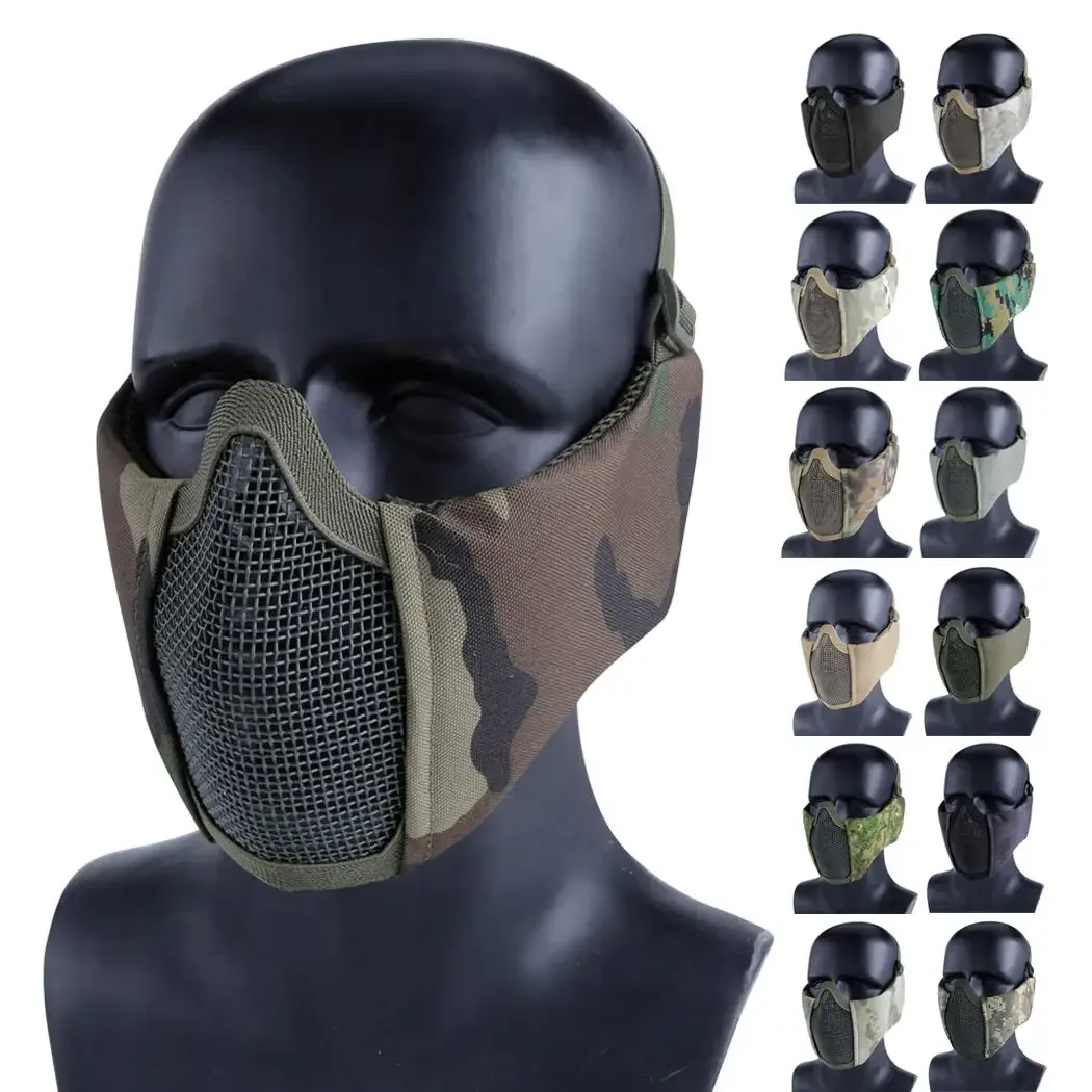 Camuflagem tática meia máscara facial metal aço net malha máscara caça máscara protetora airsoft máscara de proteção de ouvido