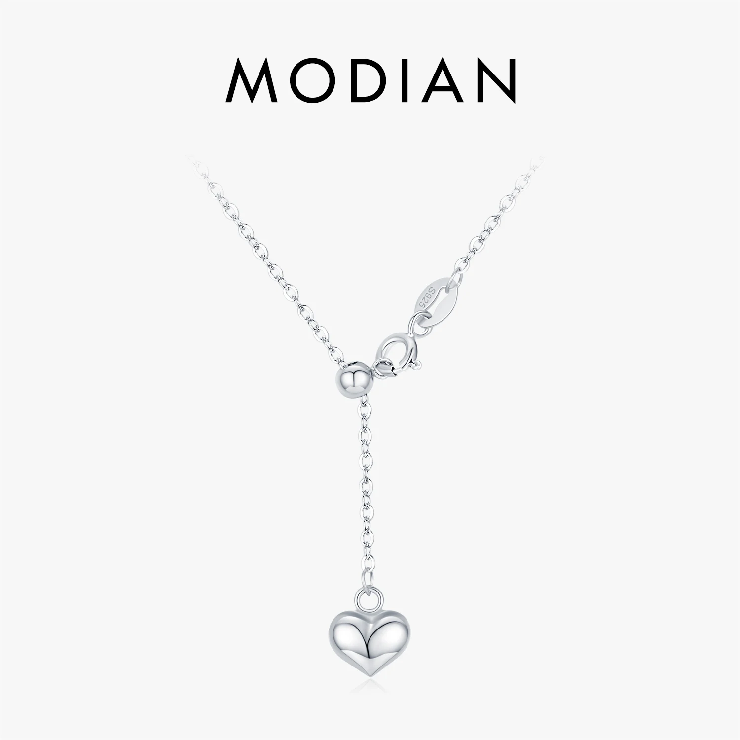 

MODIAN 925 Sterling Silver Delicate Polishing Heart Link Chain Lariat Necklace For Women Daily OL Fine Jewelry