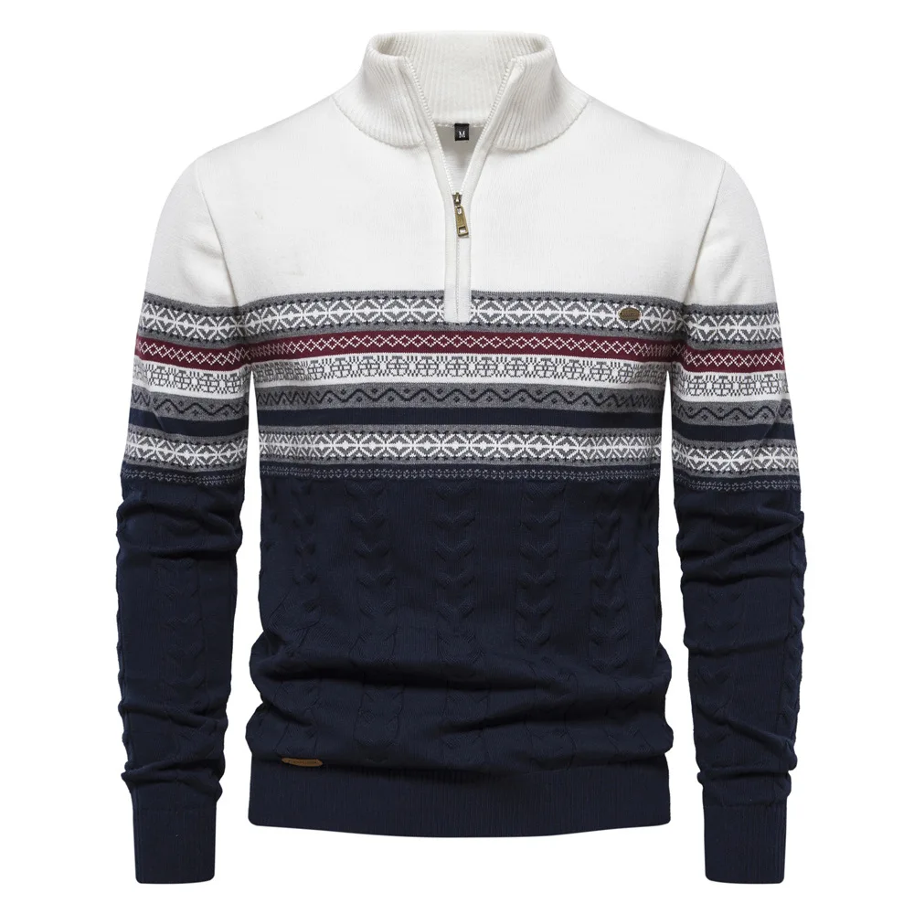 Men's Color-coded Striped Casual Trendy Simple Basic Daily Stand Collar Long Sleeve Knitted Sweater Pullovers Male Clothes Tops