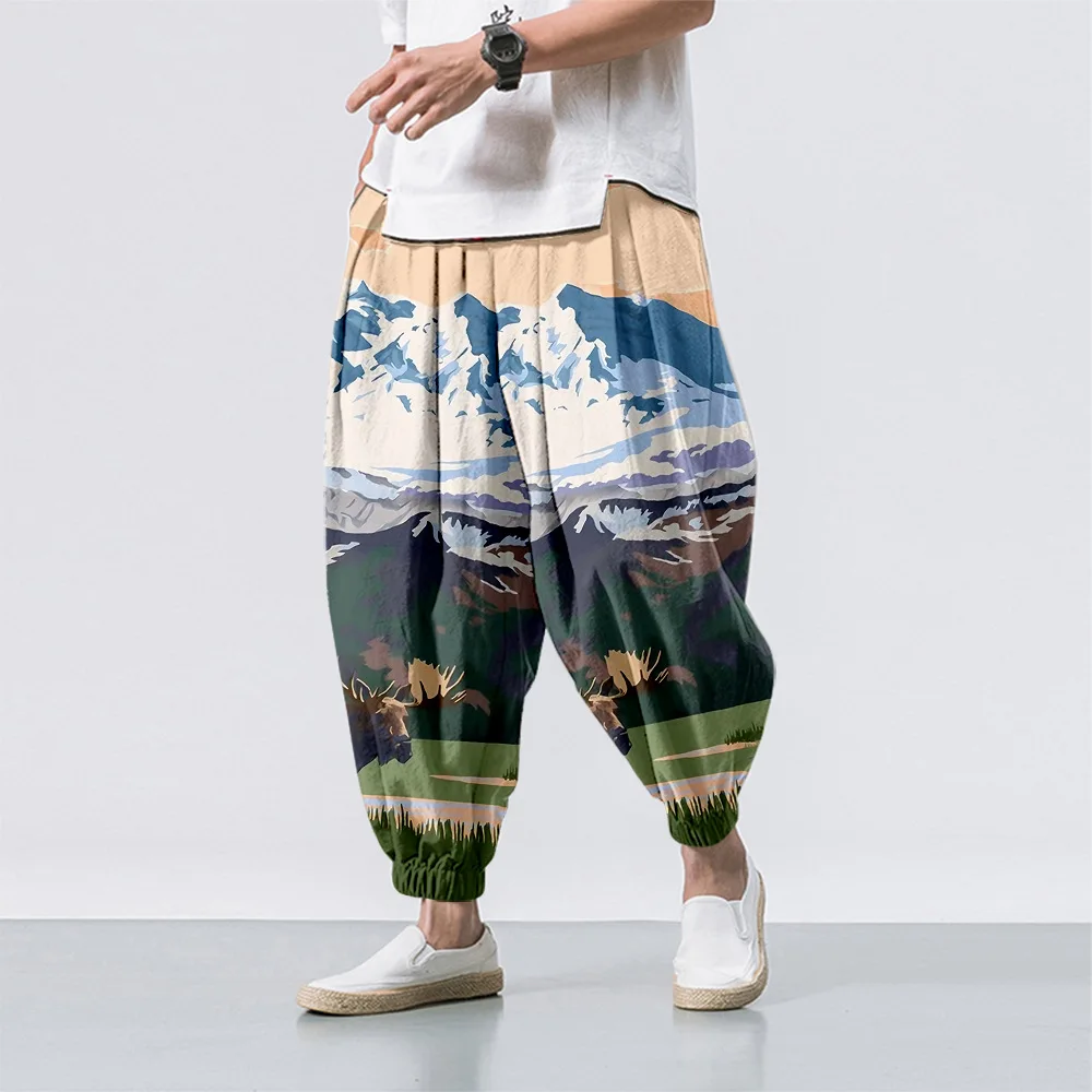 

Hipster Ice Silk Satin Men's Pants Mountains and Nature Pattern Loose Trousers Smooth Satin Pants Tai Chi Beach Pants