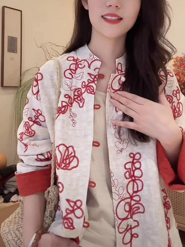 

Новый китайский Sle с тяжелой вышивкой, двусторонняя верхняя одежда, женский свободный винтажный национальный открытый кардиган, топ