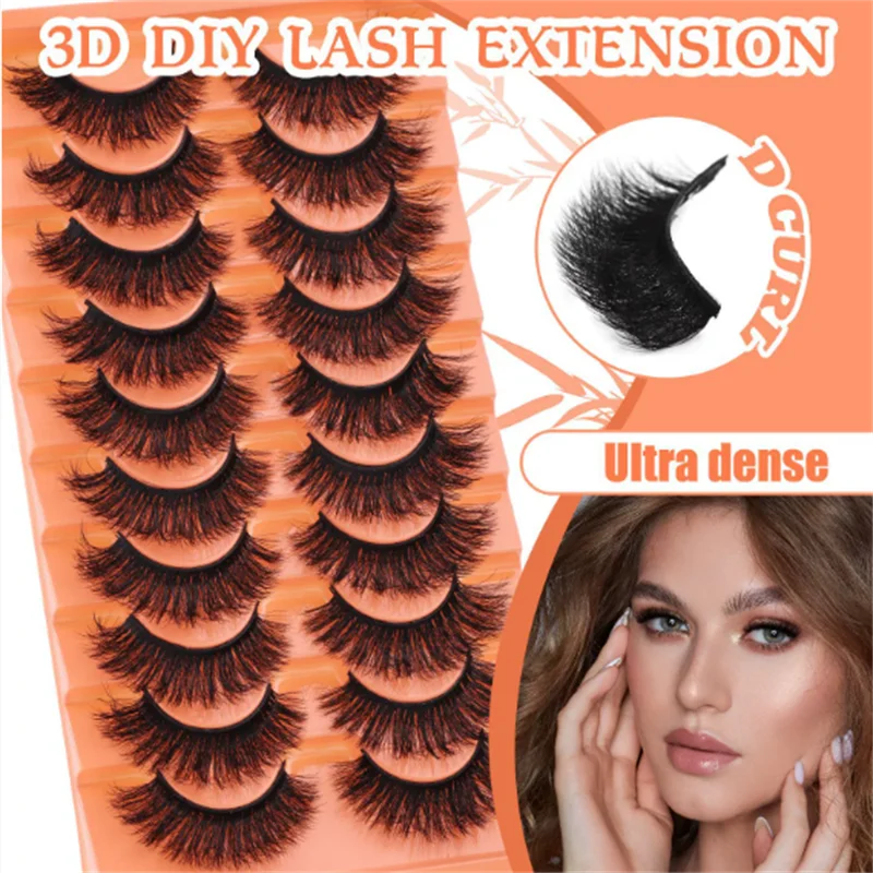 A complete set of 7 pairs of natural and thickly-filamented false eyelashes with 3D realistic and fluffy appearance.