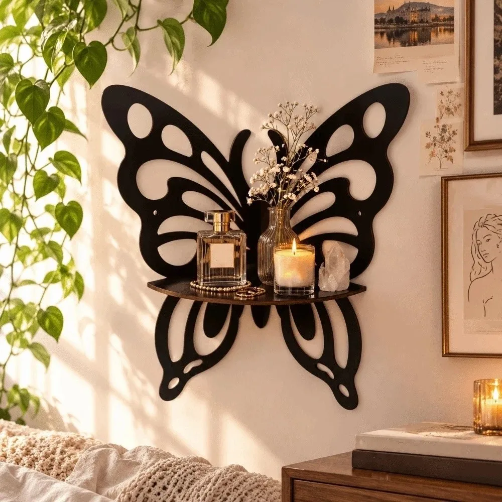 Hollowed Out Butterfly Shaped Shelf Wall-Mounted Artistic Display Shelf Home Decor Decorative Wall Bracket Farmhouse