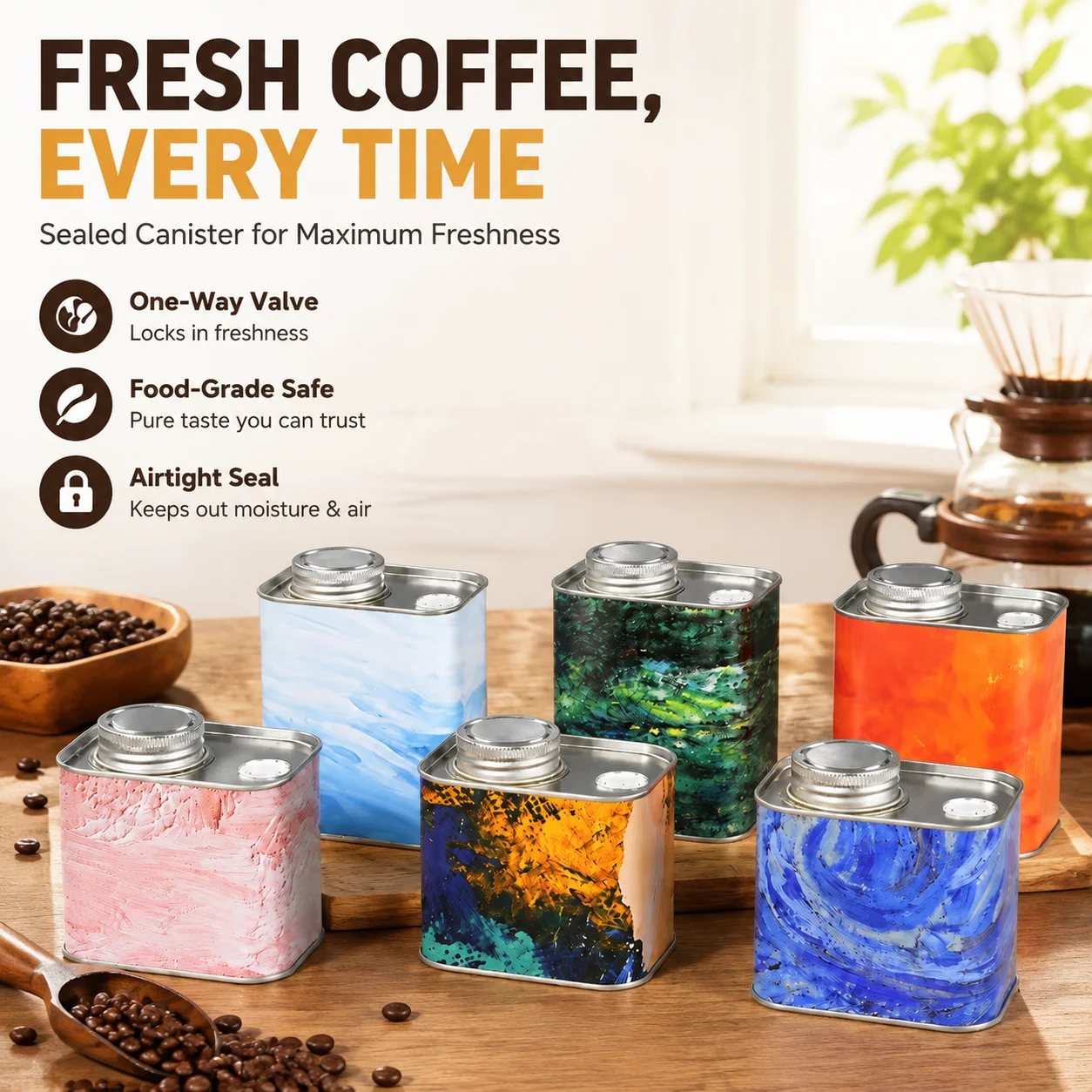 Coffee Canister with One-Way Air Valve, Portable Food Grade Tin Container Hermetic Sealed Airtight for Beans Storage, Painting