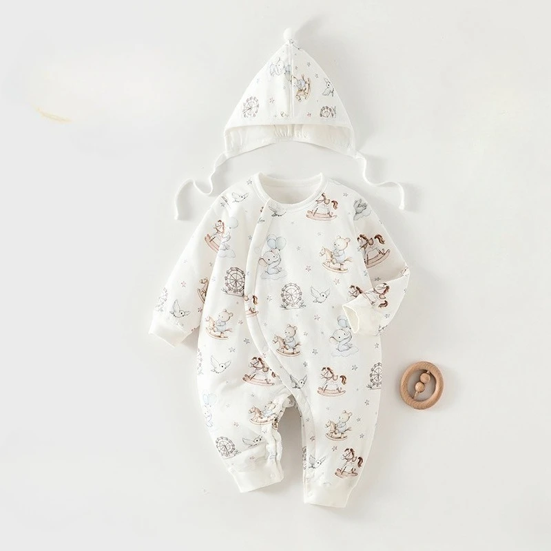 

Утолщенный теплый комбинезон для девочек со шляпой для зимы, детский комбинезон унисекс с милым принтом и длинными рукавами, мягкий удобный уличный комбинезон для мальчиков