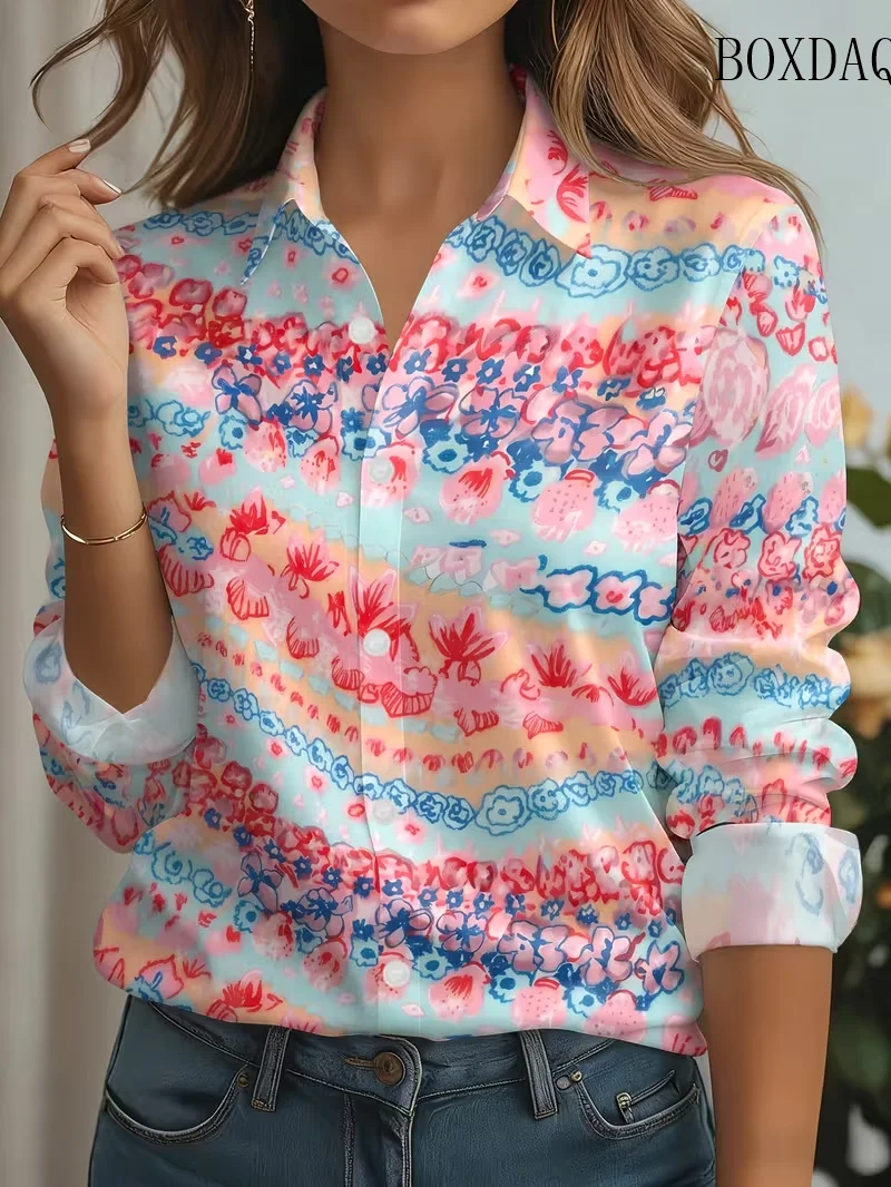 Fashion Long Sleeve Floral Print Shirts Women Autumn Buttons Casual Abstract Art Women's Blouses Elegant Simple Top Femme Shirt