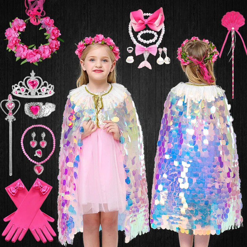 

Hot Halloween Cosplay Girl Sequin Princess Cloak Christmas Kids Birthday Party Shiny Rainbow Little Mermaid Cape Flower Headwear