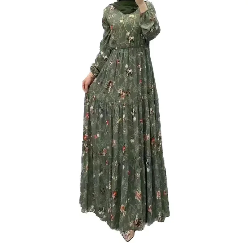 Mulheres Gola Alta Flores Kaftan, Eid, Vestidos Muçulmanos, Dubai, Árabe, Islamismo, Abayas, Marrocos, Manto Longo Casual, Cinto