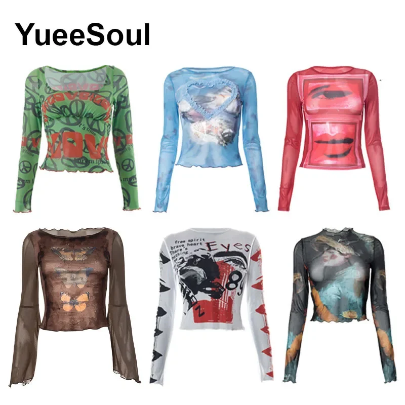 Graphic Printed T Shirt Long Sleeve Slim Women Tees 2024 New Y2K Vintage Sexy High Street Casual Basic Female Clothes