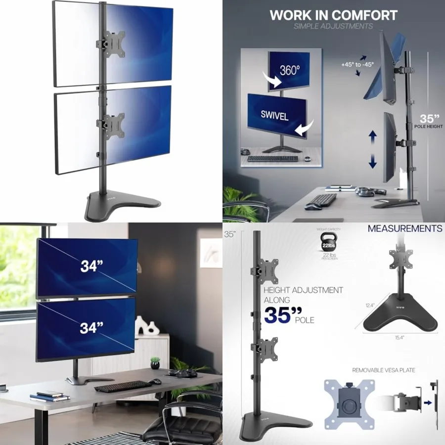

Dual Monitor Desk Stand Free-Standing LCD Mount, Holds in Stacked Vertical Position 2 Ultrawide Screens up to 34 inches, Black