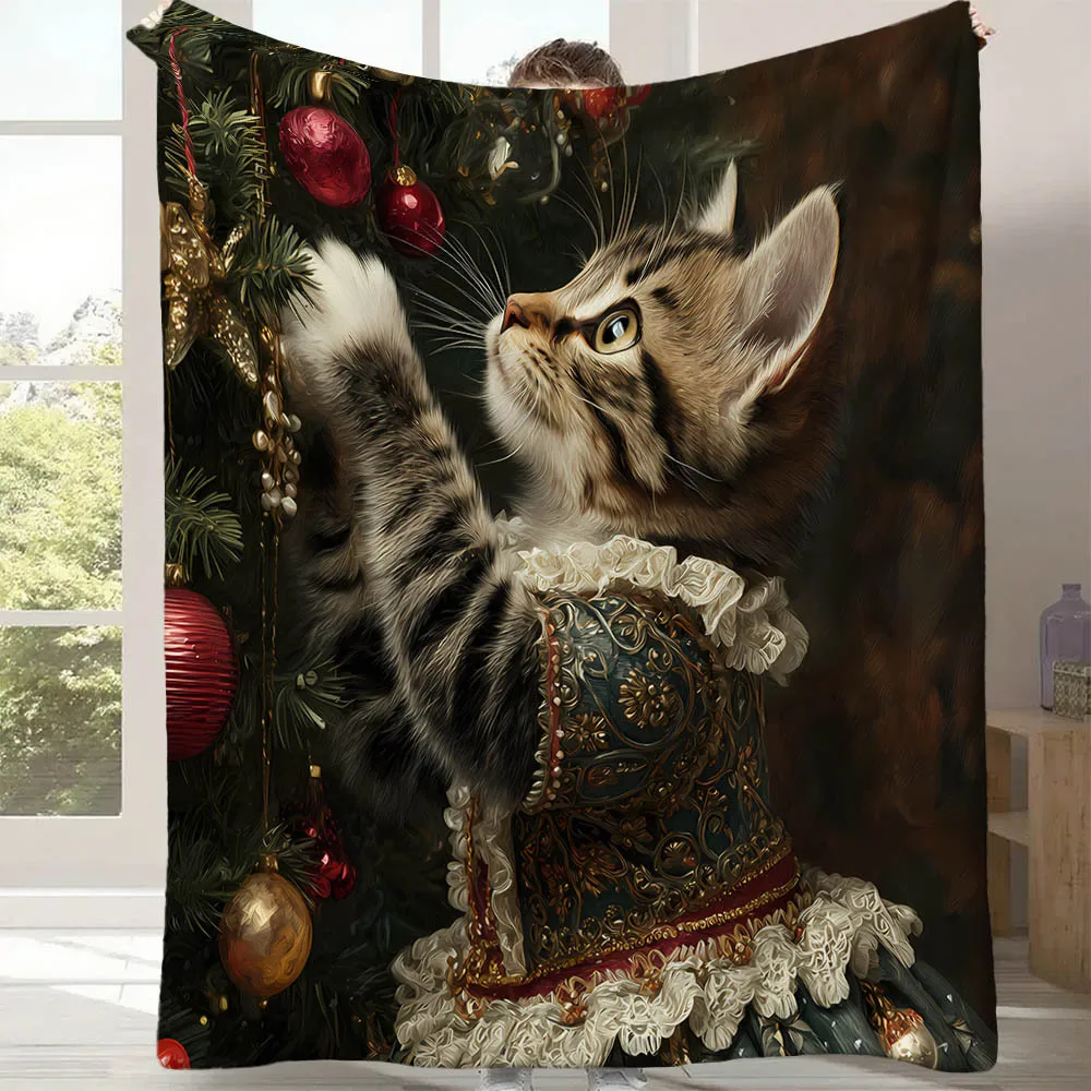 Vintage Christmas Kitten Blanket Cute Cat Christmas Tree Soft Warm Throw for Bed Sofa Living Room Travel Camping Gift