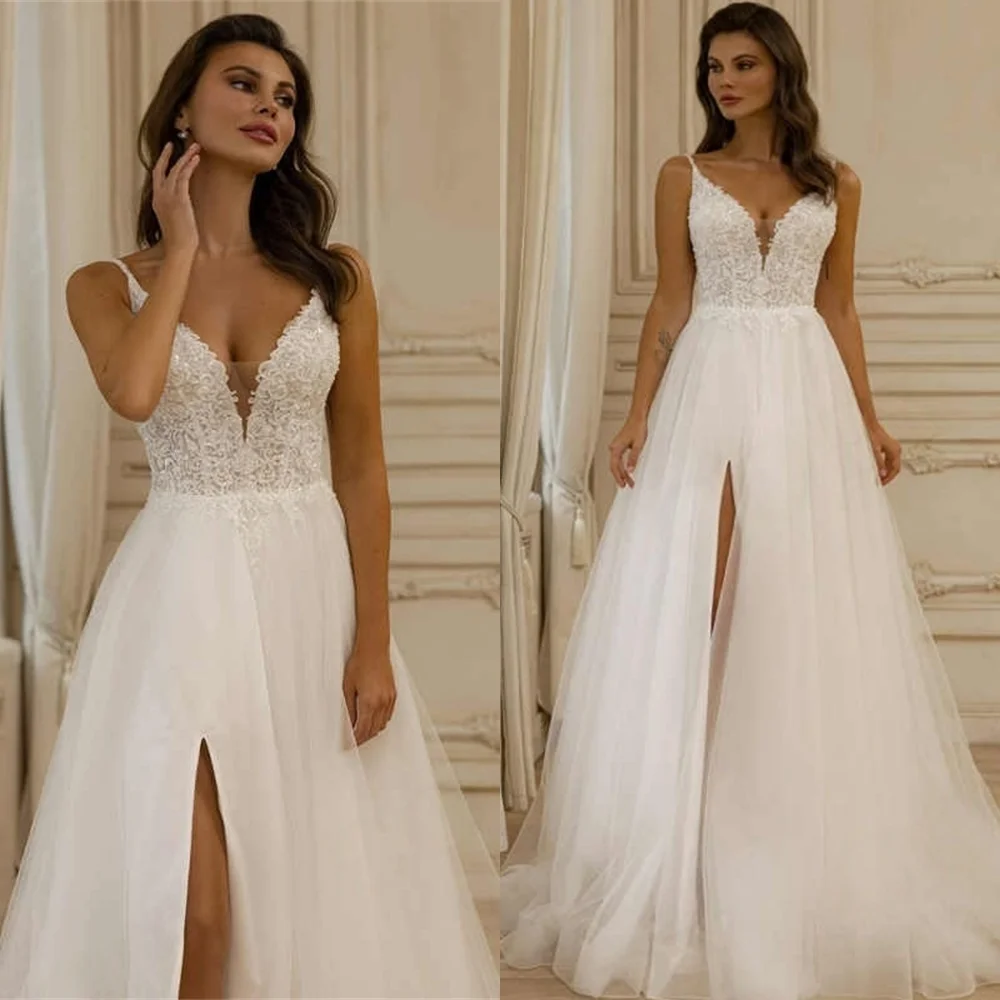

Customized Luxury Tulle Wedding Dresses Modern V-Neck Sleeveless Dresses Wedding Dresses Temperament Bespoke Occasion Gown
