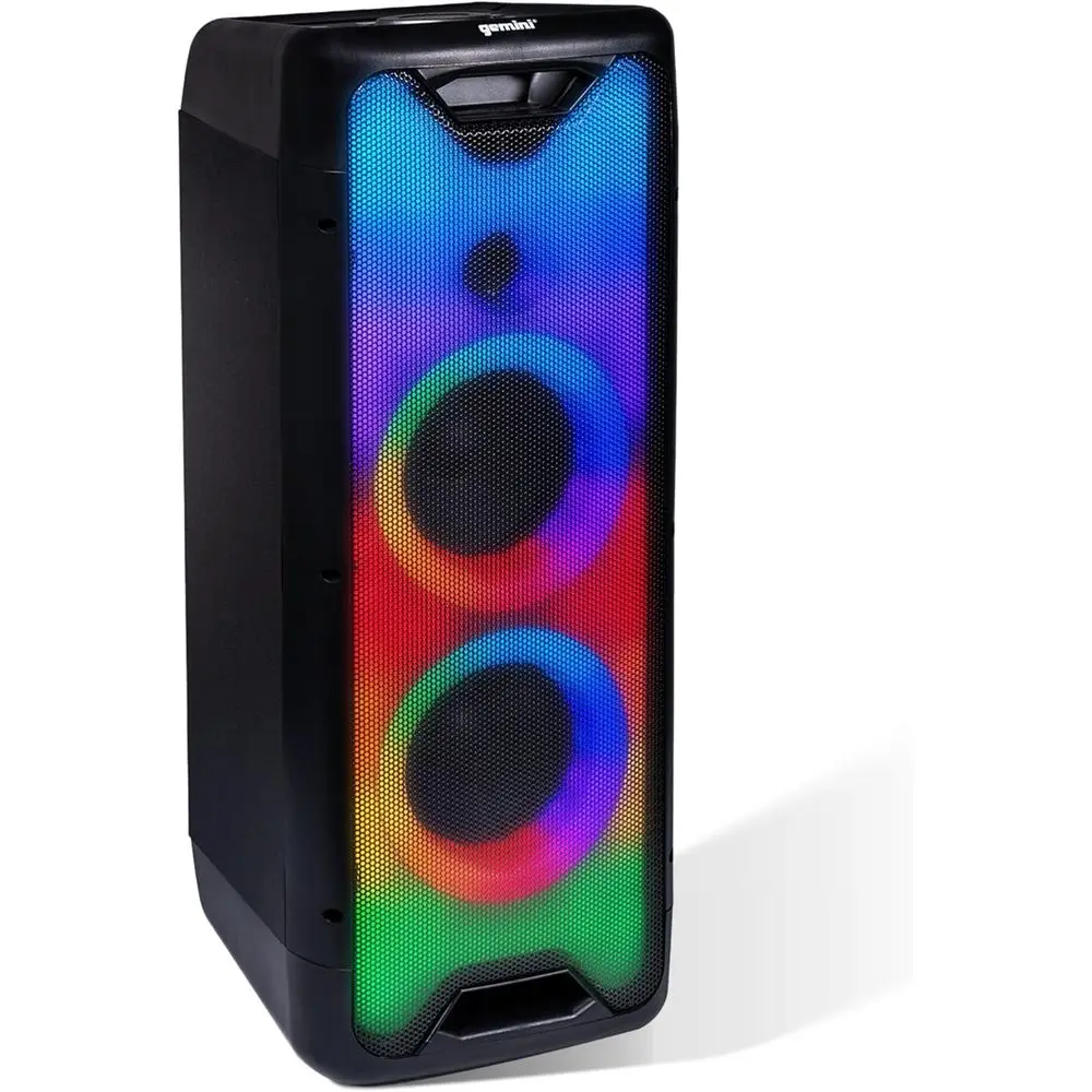 

Gemini Bluetooth Speaker with LED Light Show, Dual 8" Wooers, Mic & Guitar Inputs, TWS Pairing, USB/M/Bluetooth Playback, 16 Hr