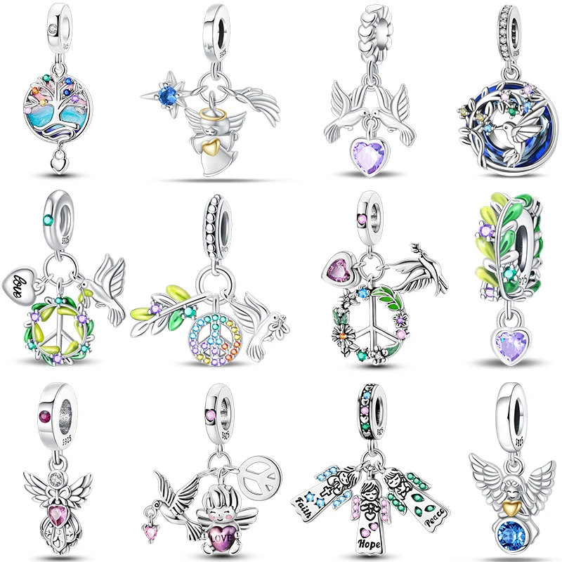 S925 Srebrny gołąb pokoju Gałązka oliwna Anioł Miłość i pokój Najlepsze życzenia Charms Beads Fit Pan Oryginalne bransoletki DIY Fine Jewelry