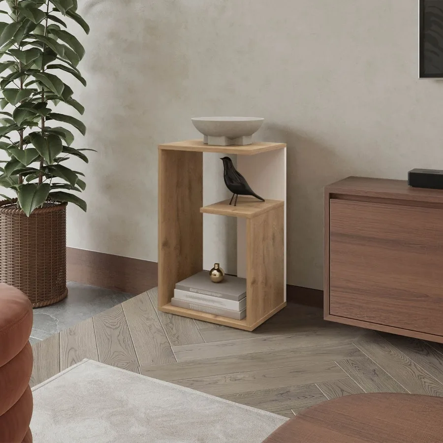 

Приставной столик FM FURNITURE Vega из меламина с открытым хранилищем Macadamia и белым цветом
