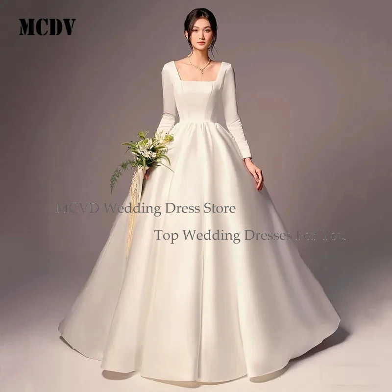 

MCDV Elegant Women Long Sleeve Square Neck Backless A Line Bridal Dress Customized Satin Formal Wedding Gown