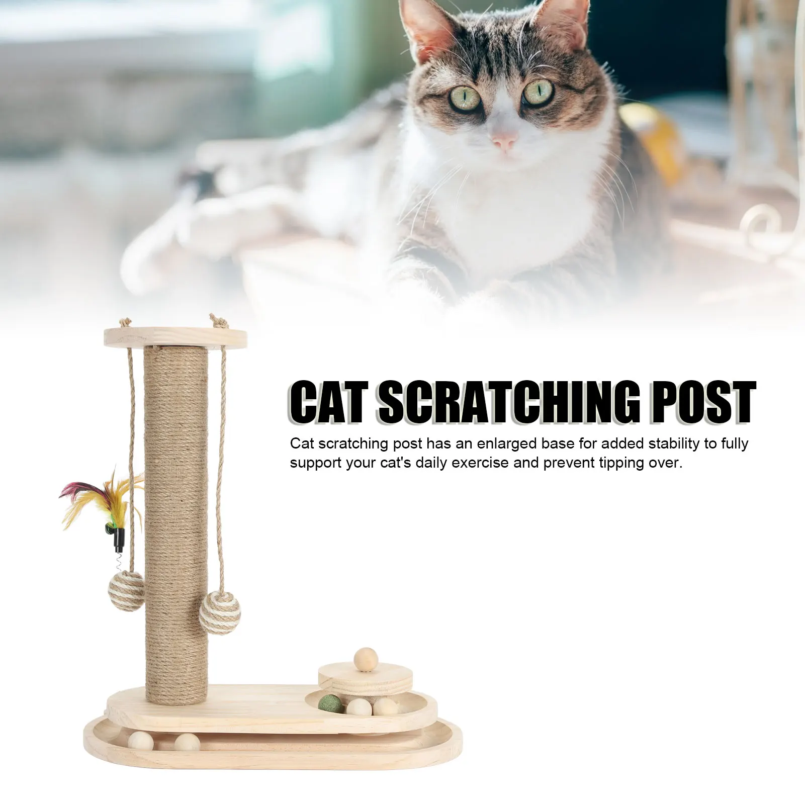 Cat Scratching Post 2 Layer Ball Track Interactive Tall Kitten Scratcher With Teasing Wand For Indoor Cats Oval Turntable