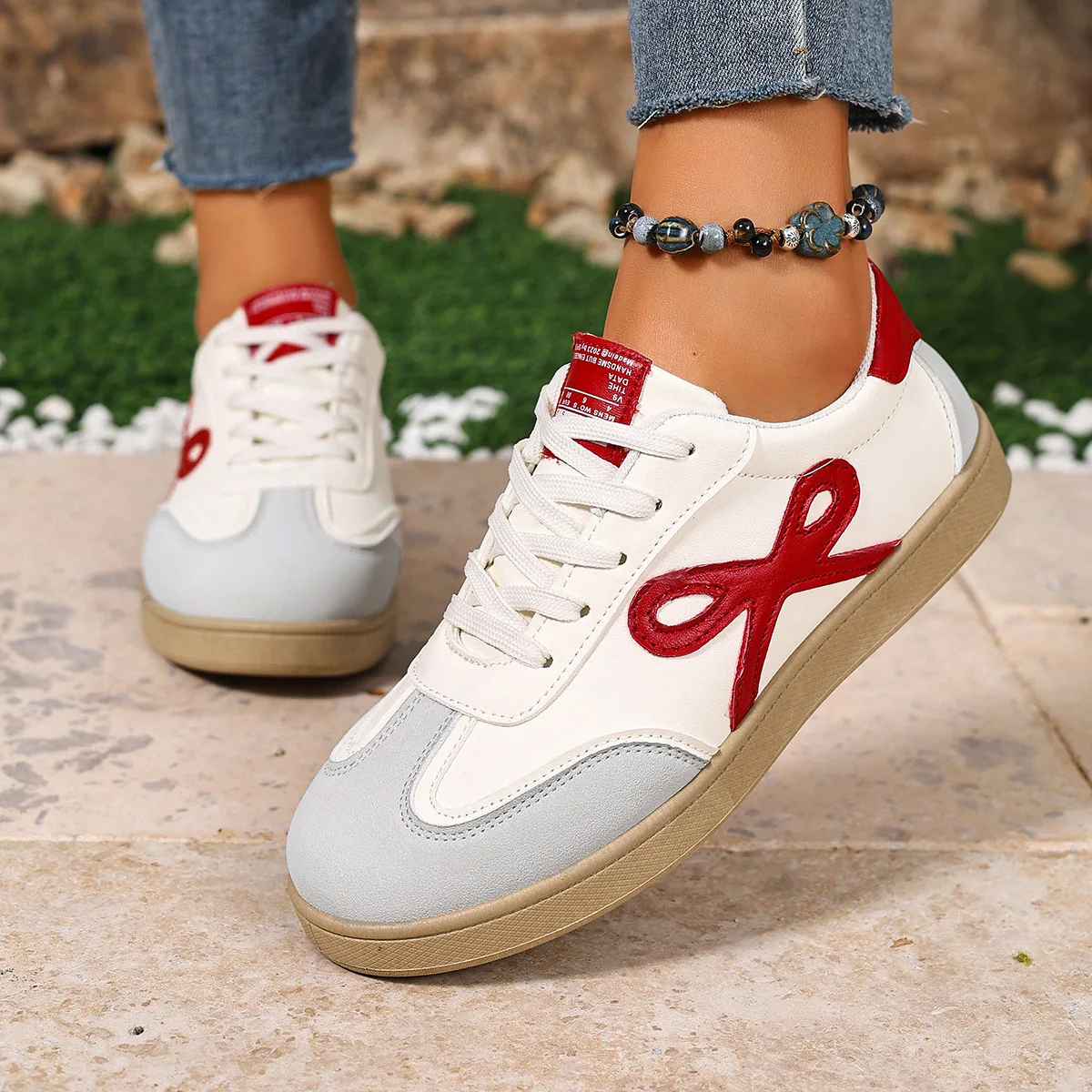 

Pink Cute Bow Patch Color Block PU Leather Sneakers Student Casual Sports Shoes Round Head Lace-up Comfortable Flat Versatile