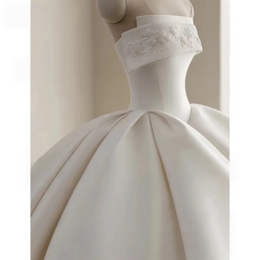 Strapless Satin Ball Gown Wedding Dress Minimalist Pleated Skirt Chapel Train  Bridal Gown Custom Size Vestido De Novia
