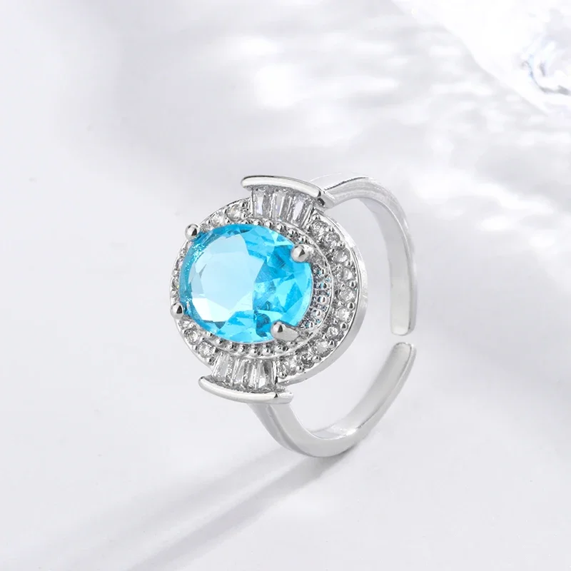 Fashion Generous Banquet Party Jewelry Emulation Blue Oval Crystal Zircon Ring Luxury Silver Plated Birthday Party Jewelry Gift