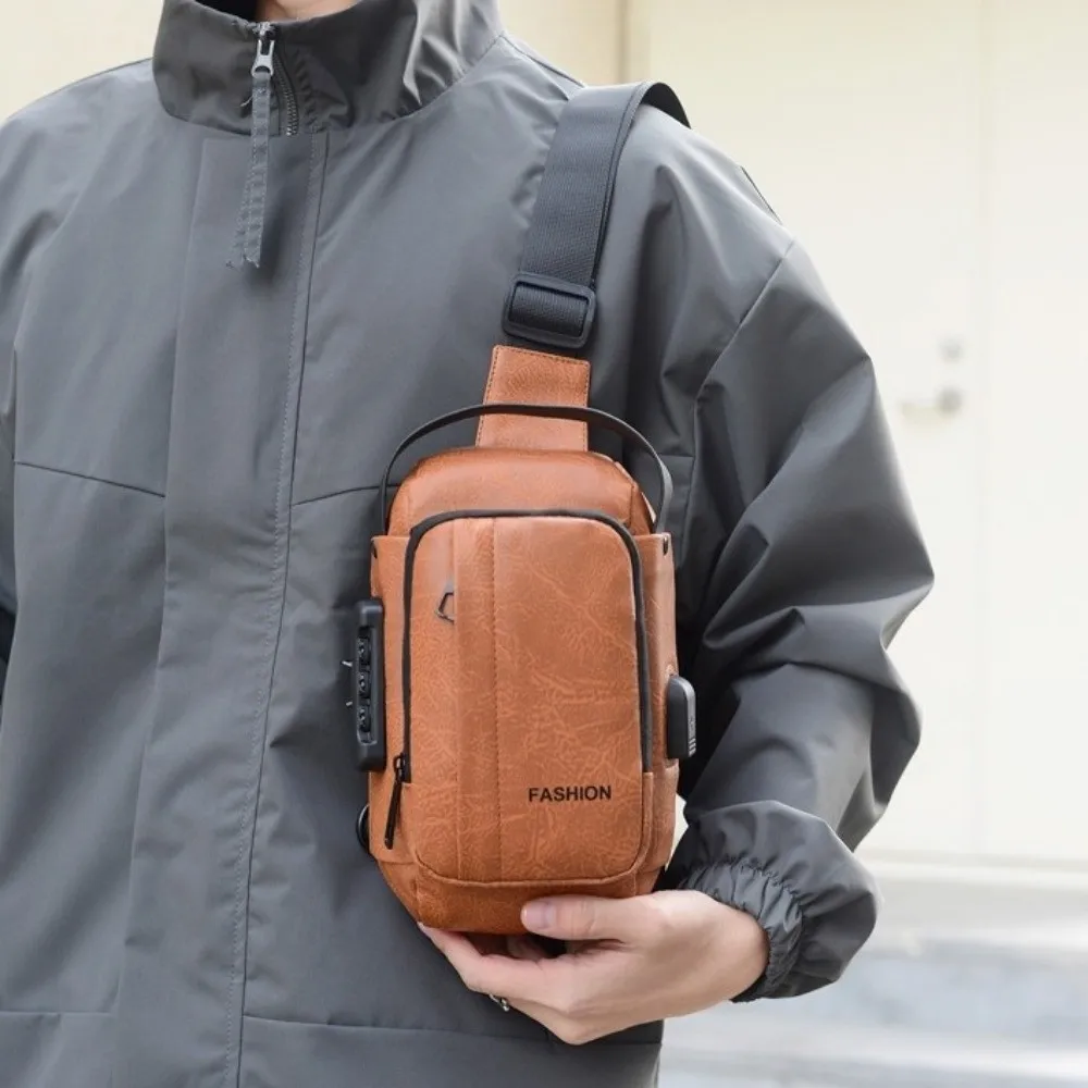 

Мужская нагрудная сумка-слинг из ПУ кожи с защитой от кражи, водонепроницаемая, с USB-зарядкой, большая вместимость, на одно плечо
