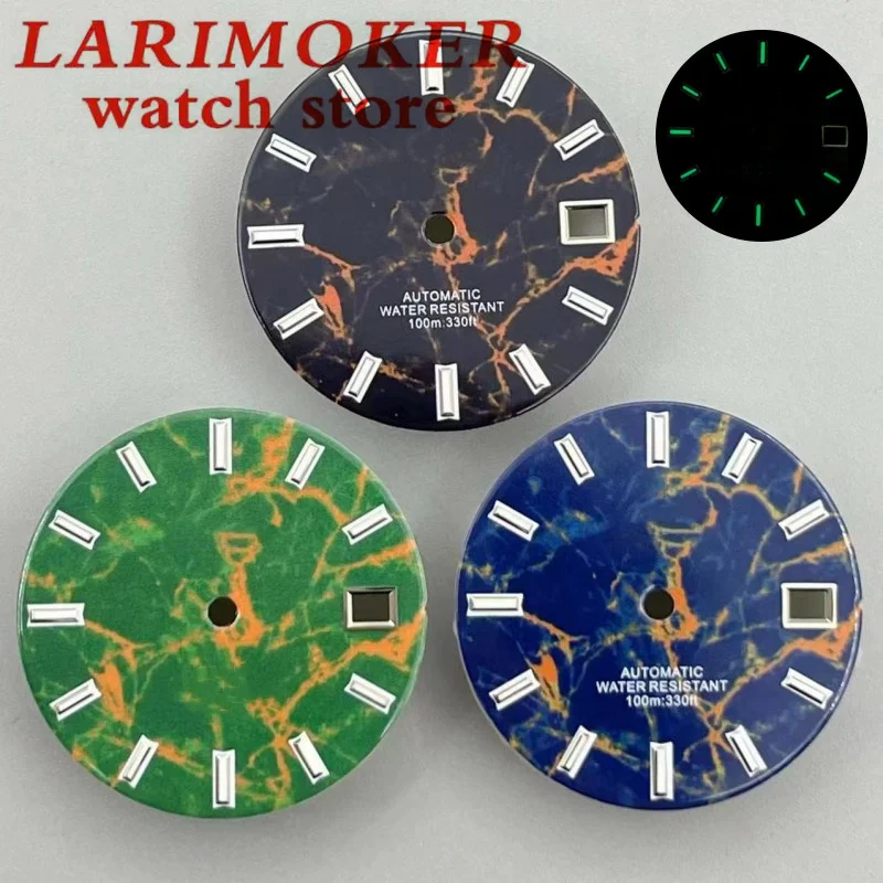 LARIMOKER 29mm Watch Dial Green Luminous Smooth Surface of Marbling Fit NH35A NH36A Movement Fit 3.8 O'Clock/3 O 'Clock Crown
