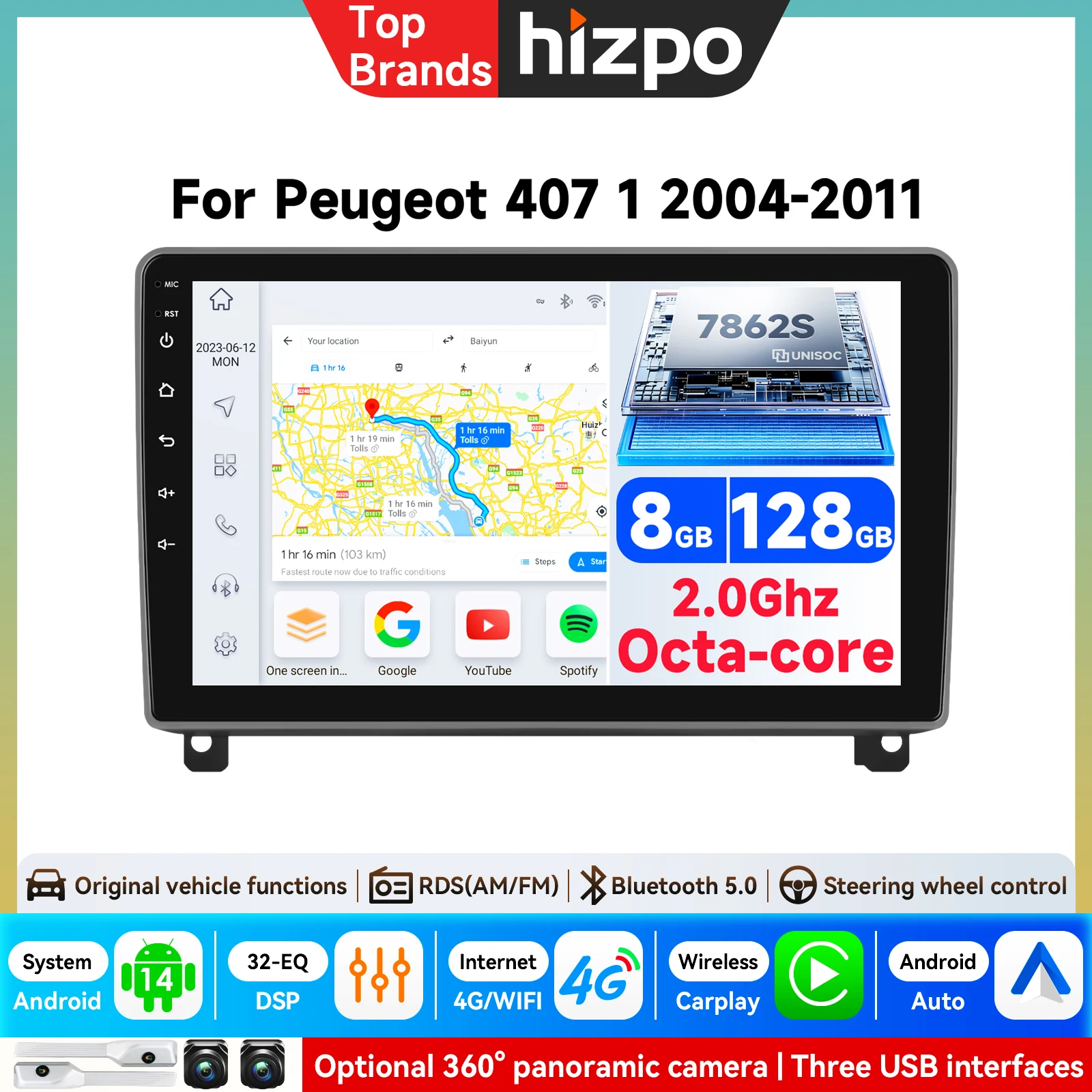Für Peugeot 407 1 2004-2011 Kabelloses CarPlay Android Auto Autoradio GPS IPS RDS FM WiFi BT 4G 8-Kern Multimedia-Player Stereo DSP
