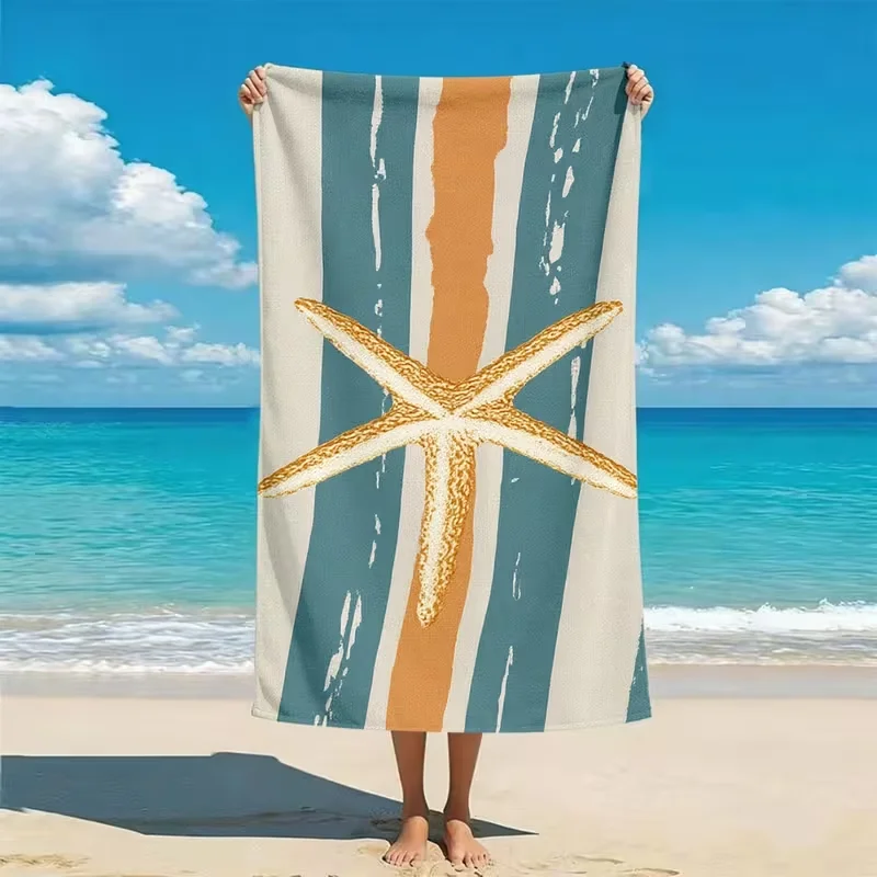 Coastal Starfish Striped Beach Towel Retro Distressed Stripe Sea Star Print Soft Absorbent Quick Dry Towel for Beach Swimming