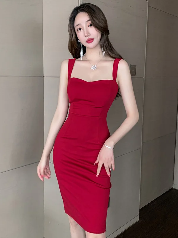 Sweet Fashion Slash Neck Long Dress Sexy Office Lady Straps Slim Medium Dress Elegant Women 2023 New Sweet Spice Girls 4CWT