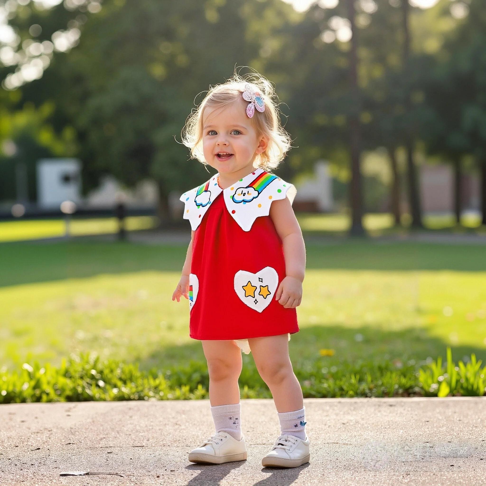 

Baby Girl Dress Summer Cotton Rainbow Heart Pattern V-neck Sleeveless Girls Dresses Sweet Casual Beach Baby Girl Clothing