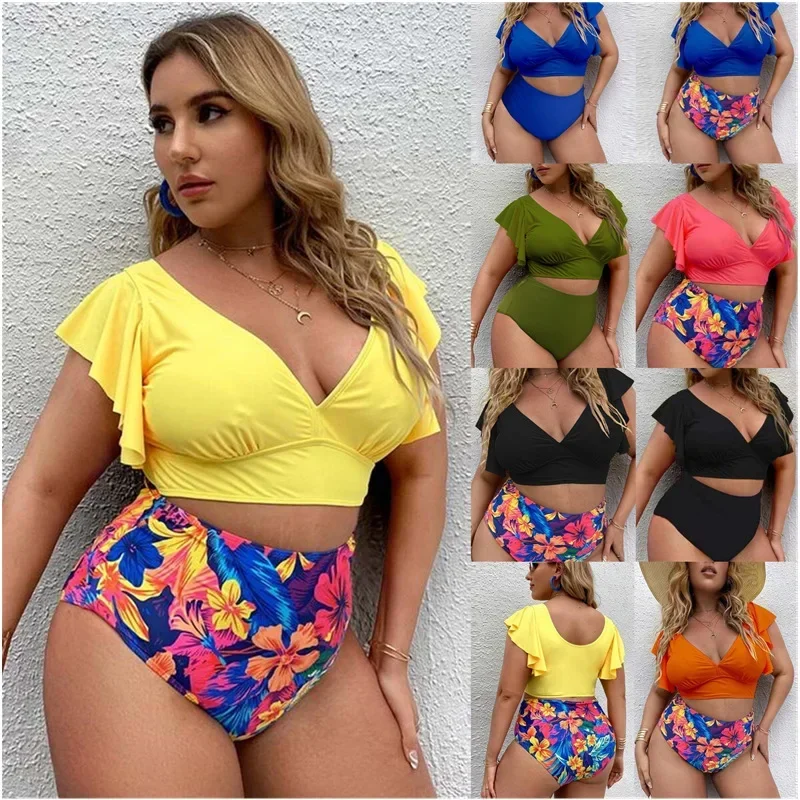 Plus rozmiar bikini wysokiej talii bikini z falbanką seksowne falbany strój kąpielowy bikini kobiety dwuczęściowy strój kąpielowy kwiatowy kostiumy kąpielowe dekolt w serek