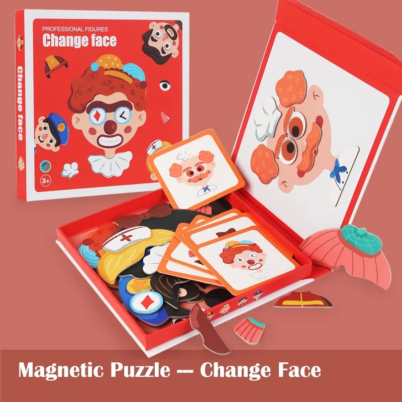 Montessori Wooden Magnetic Puzzle Toys 3D Face Clothing Change Game Educational Early Learning Brain Development for Kids Gift
