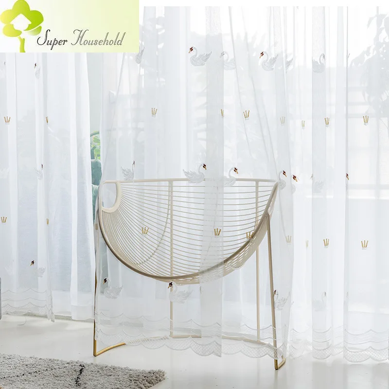 Pastoral Mesh Fabric Swan Embroidered Tulle Curtains for Girl Kids Bedroom Living Room White Sheer Window Screens Kitchen