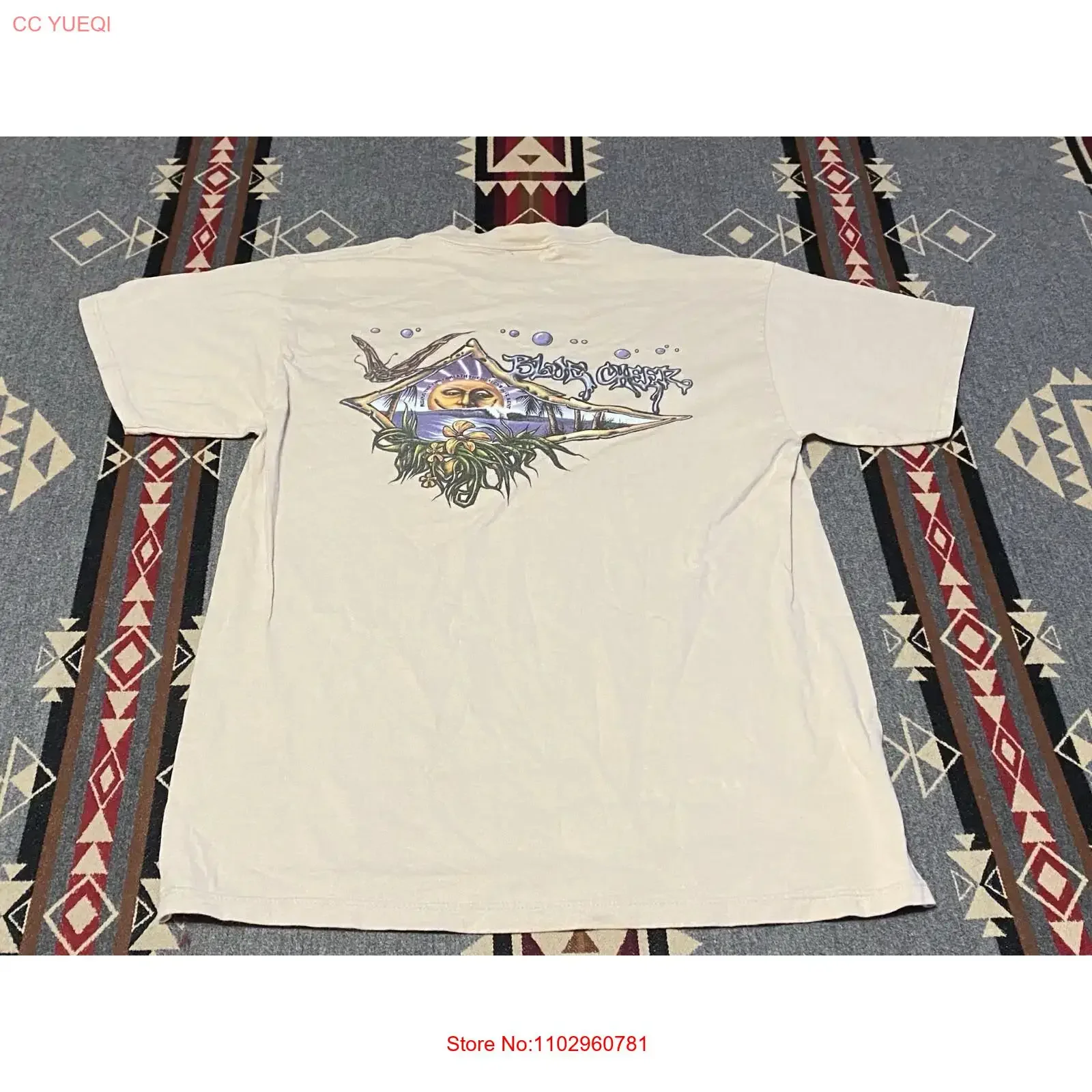 T-shirt bleu vintage des années 90 pour homme, style psychédélique, taille L, M7, streetwear délavé, haut polyvalent pour un usage quotidien