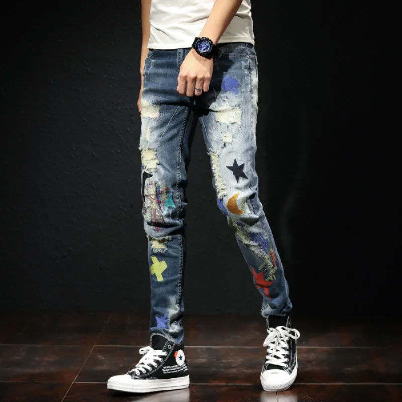 Street Fashion Designer Hip Hop Men's Jeans Vintage Blue Slim Stretch Hole Embroidered Small Straight Men's Jeans