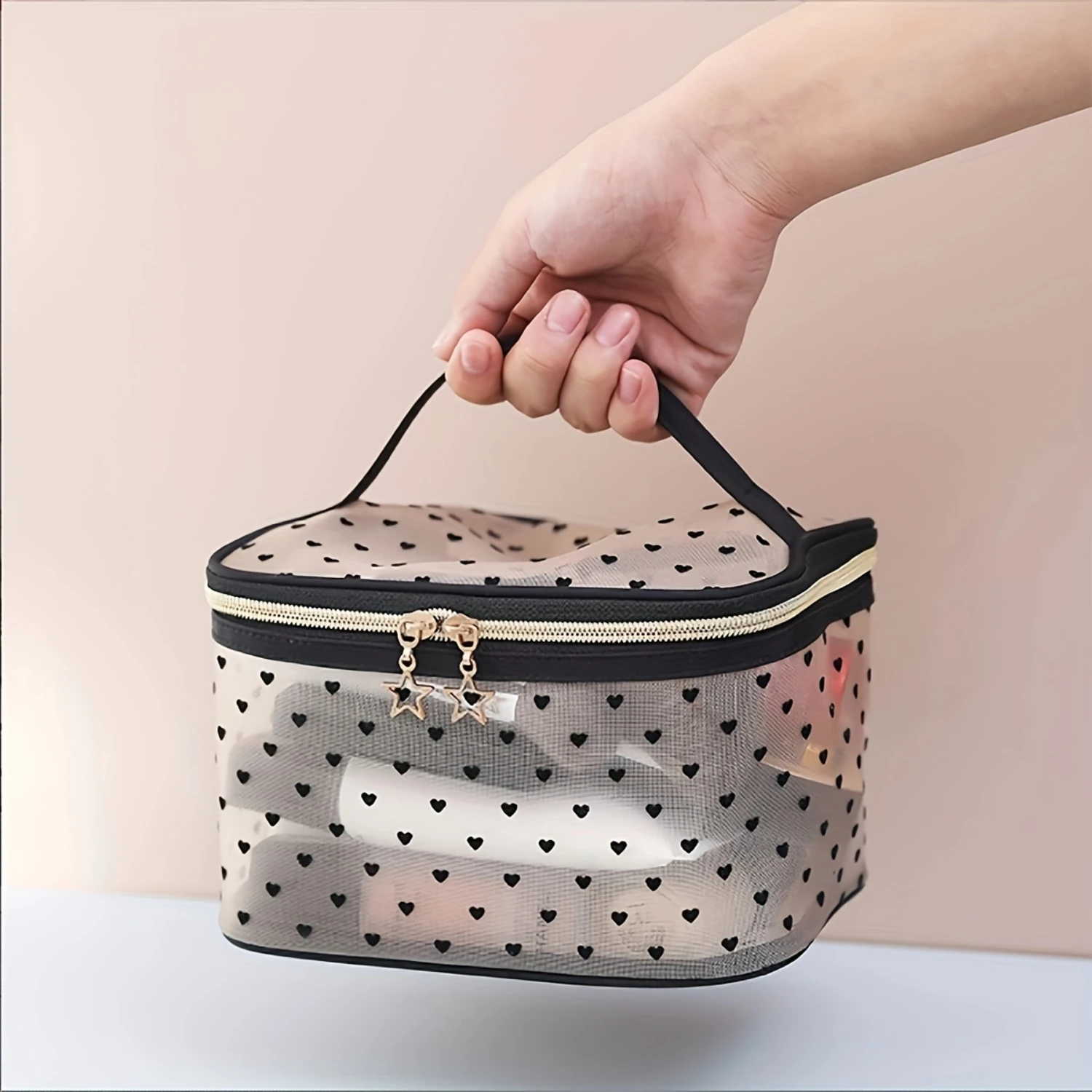 1pc Transparent Heart Design, Large Capacity, Portable Travel Mesh Cosmetic Bag, Nylon Toiletry Pouch With Top Handle