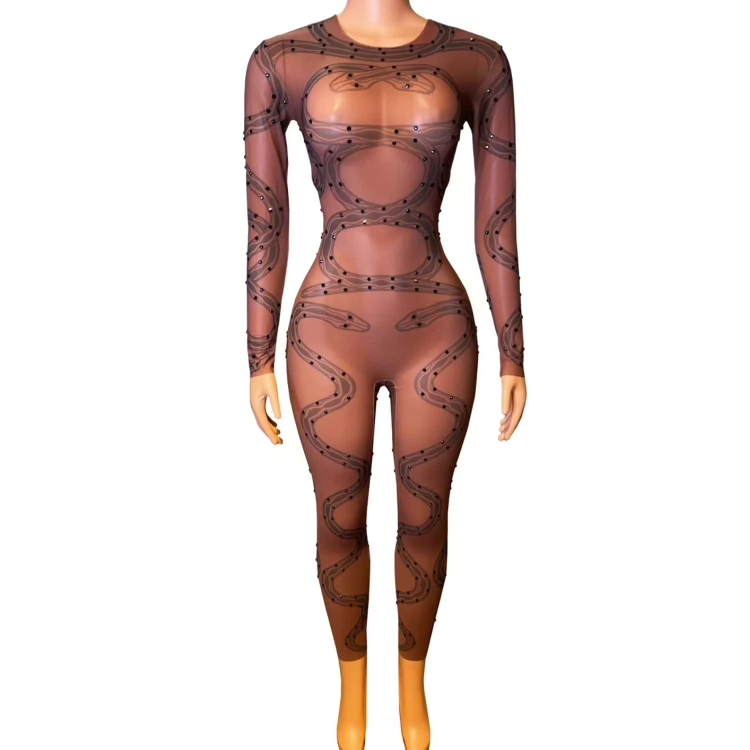 Dark brown See Through Mesh Jumpsuit Club Stage Performance Wear Party gig Outfit Black Rhinestone Tight Fitting Jumpsuit Huashe