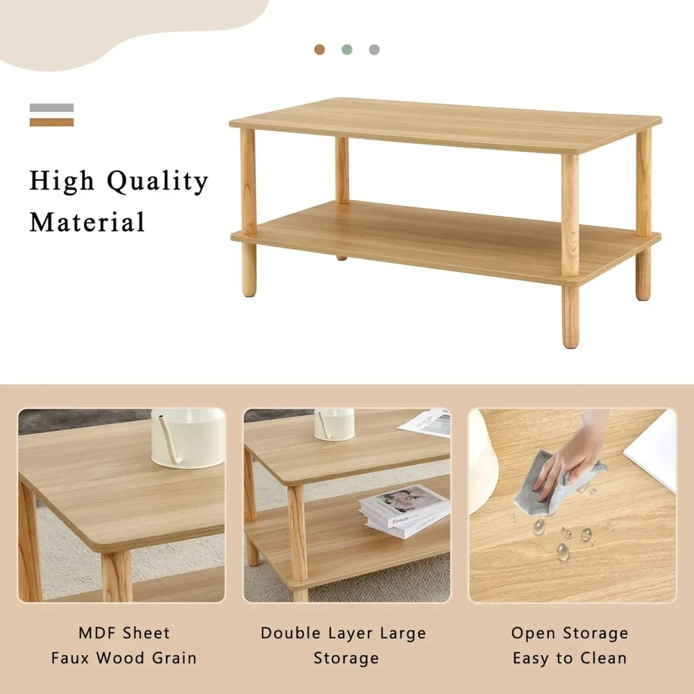 2-Tier Coffee Table for Living Room, Light Wood Coffe Table with Open Storage Shelf, Living Room Table