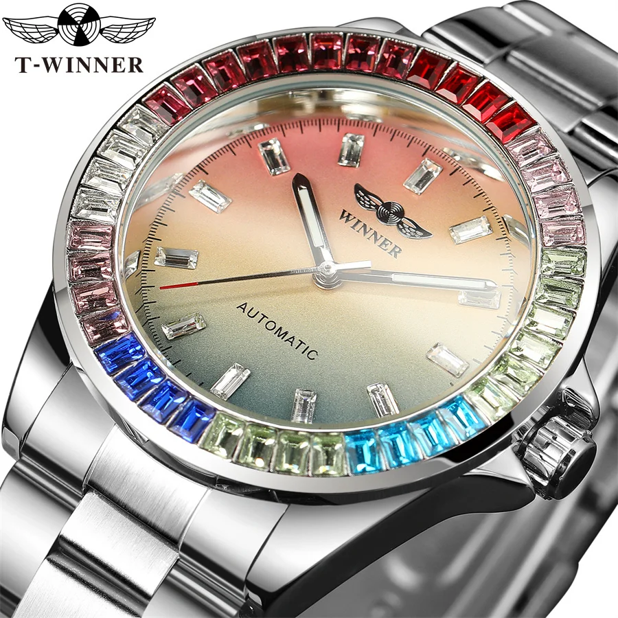 Winner 002A Men\'s Automatic  Watches Diamonds Watch Male  colorful Skeleton Waterproof Stainless Steel Top Brand Clock