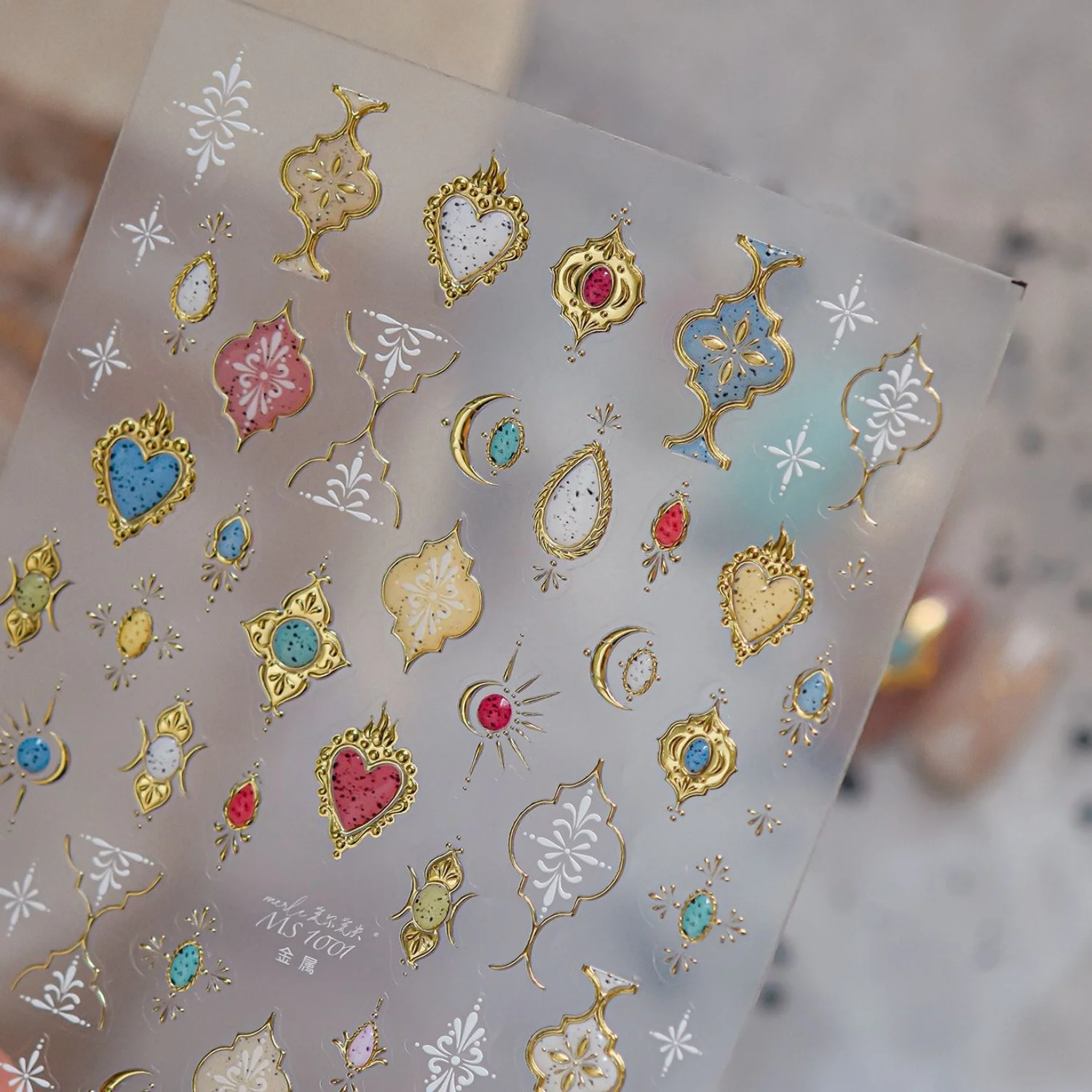 5D French Retro Nail Stickers Luxury Color Gem Golden Metal Pattern European Scroll Grass Crescent Star Self-adhesive Nail Decal