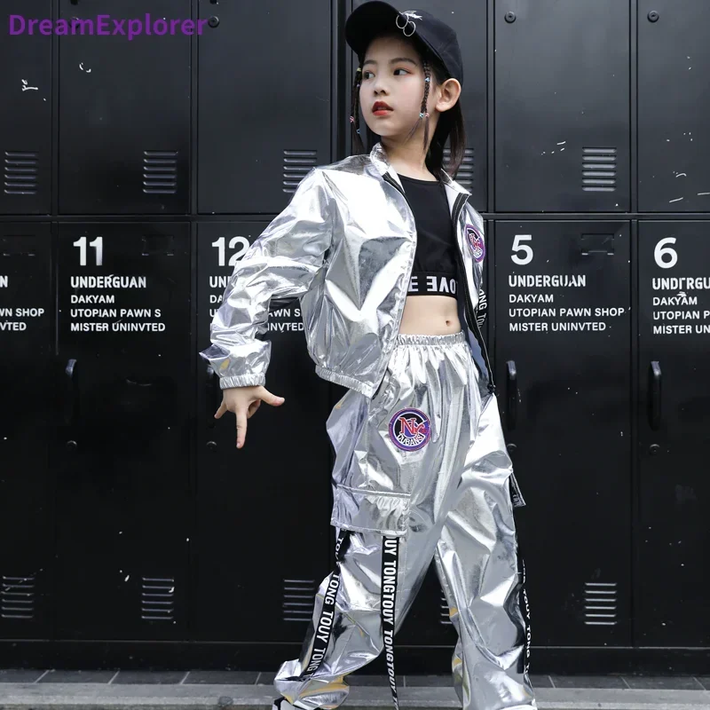 Chaqueta plateada de Hip Hop para niños y niñas, Joggers de Jazz, conjunto de ropa, trajes de baile callejero con lentejuelas, ropa de calle brillante para adolescentes