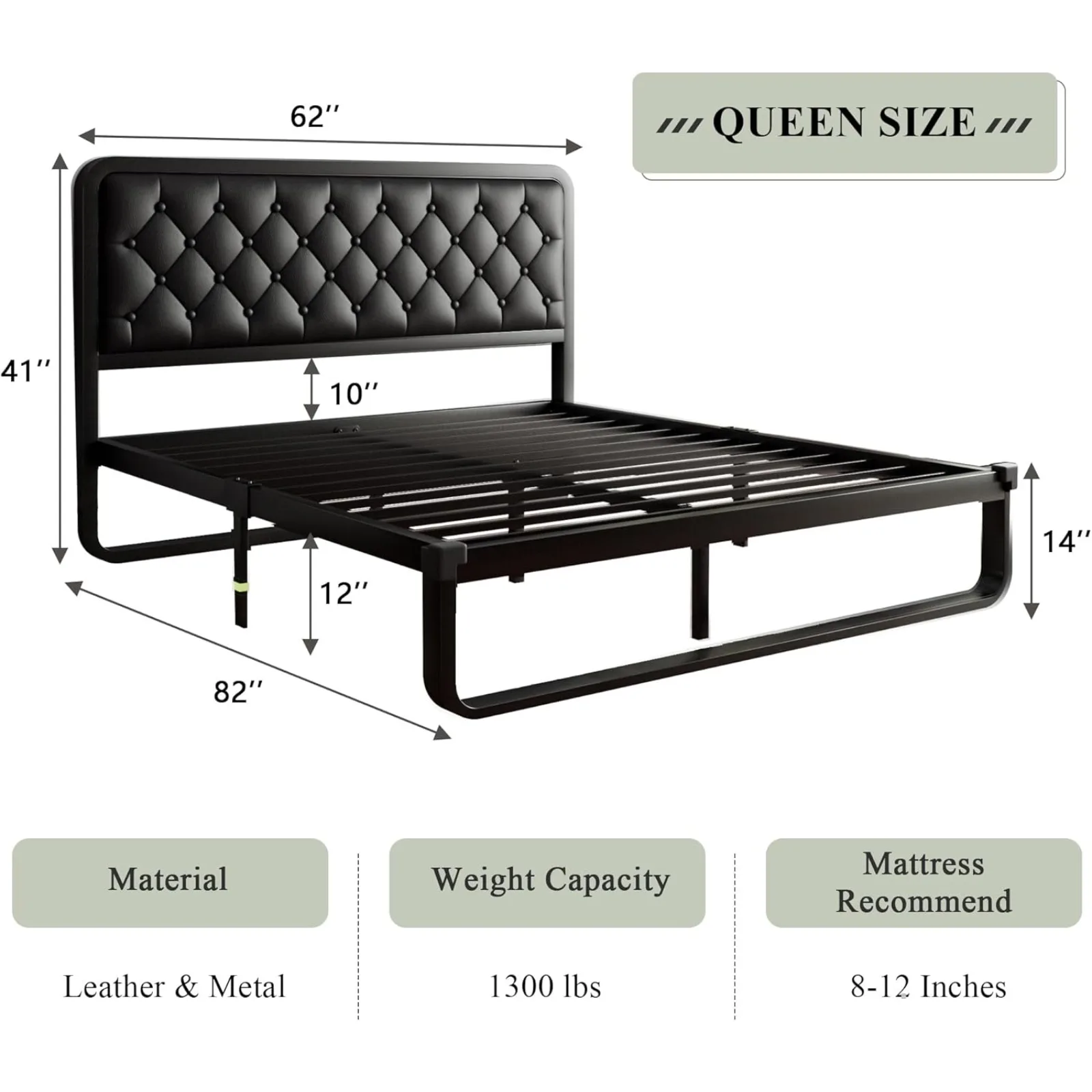 US  Queen Bed Frame, Upholstered Platform Bed Frame with Heavy-Duty Steel Slats, Diamond Tufted Headboard