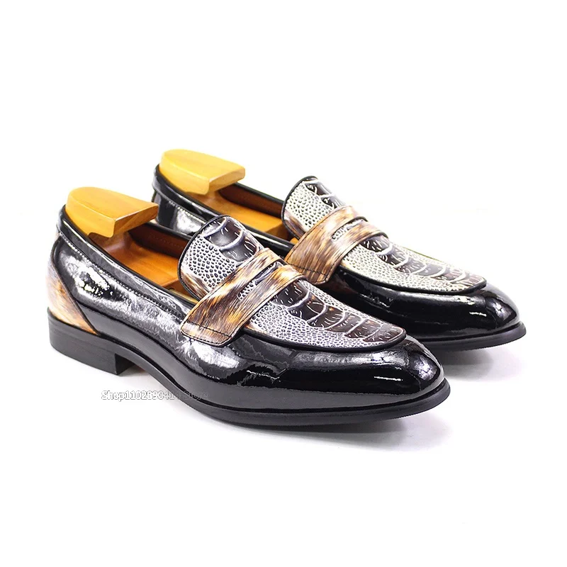 

Lacquer Leather Crocodile Pattern Combination Loafers Shoes Novel Handmade Shoes Premium Men's Shoes