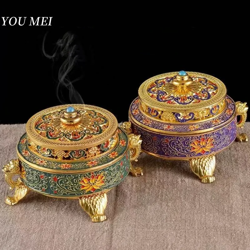 

Buddhism Hall Enamel Painted Incense Burner,Alloy Incense Stove,Aromatherapy Stove Sandalwood Coil Censer Buddhist Item 3.5 inch