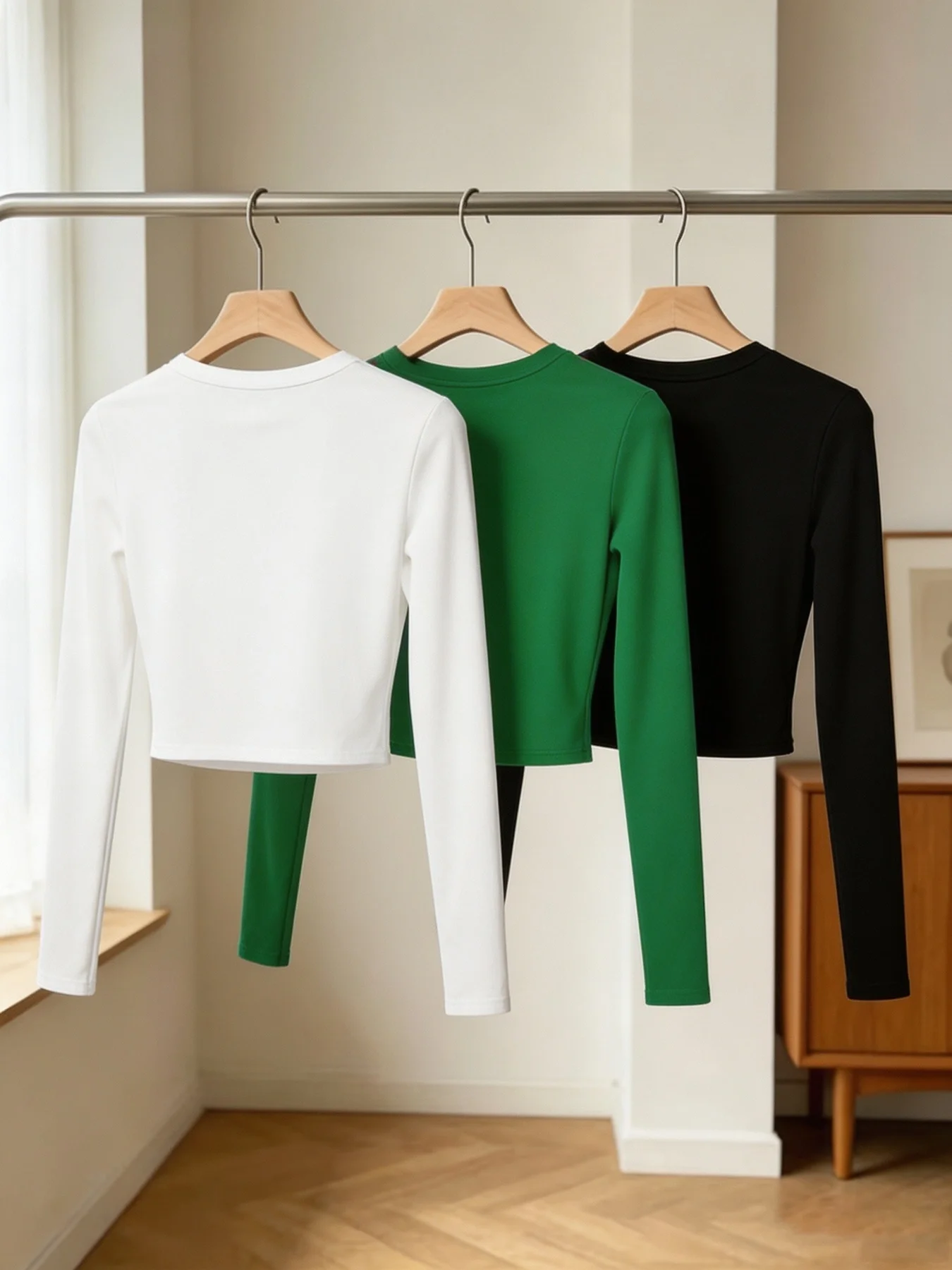 Women Crew Neck Long Sleeve Crop T Shirts Fitted Slim Basic Solid Tee Shirts 3 Pack Cozy Stretchy Korean Chic Casual Fall Winter