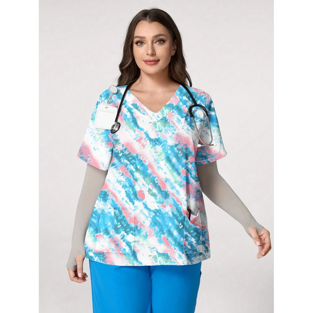 ハートプリント V ネックストレッチ医療制服女性のためのカジュアル半袖パッチポケットトップススクラブ医療制服女性