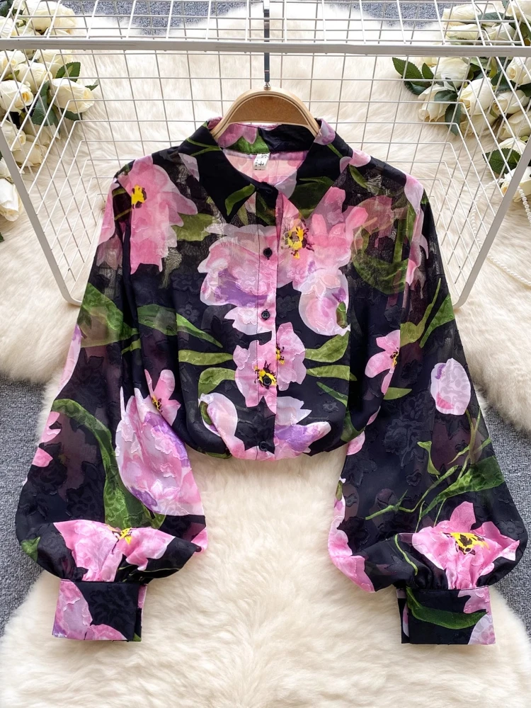 

French Vintage Blouses Flower Print Contrast Color Tops Turn Down Collar Lantern Sleeve Shirts Spring All Match Women's Clothing