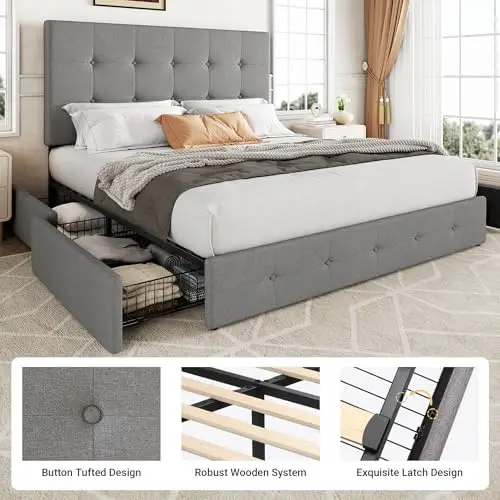 Upholstered Queen Size Platform Bed Frame with 4 Storage Drawers and Headboard, Square Stitched Button Tufted, Mattress - view 6