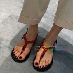 Cord Strap Leather Sandals Women Round Toe Spring 2025 New Flat Flip Flop Clip Toe Vacation Beach Flat Bottomed Sandals